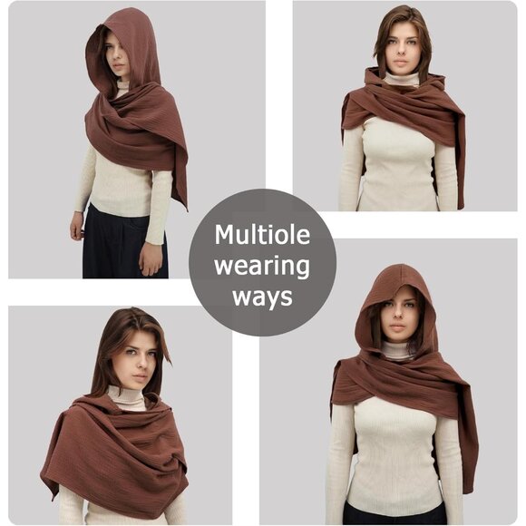 Multifunctional Hooded Cotton Shawl Scarf Cape for Women Men Warm Cozy Fashion - Picture 4 of 7